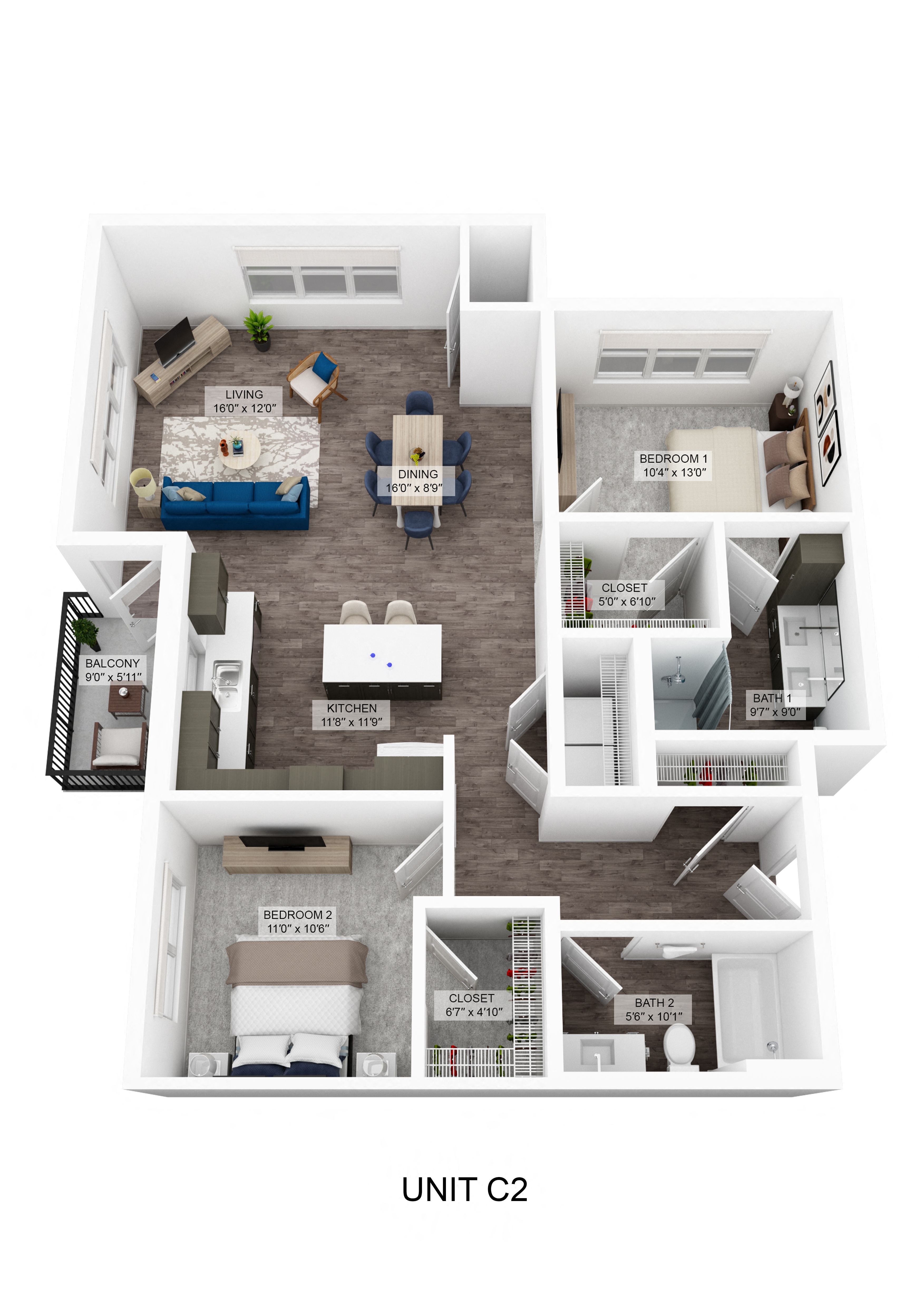 Floor plan for 2 beds, 2 baths, 1197 sqft